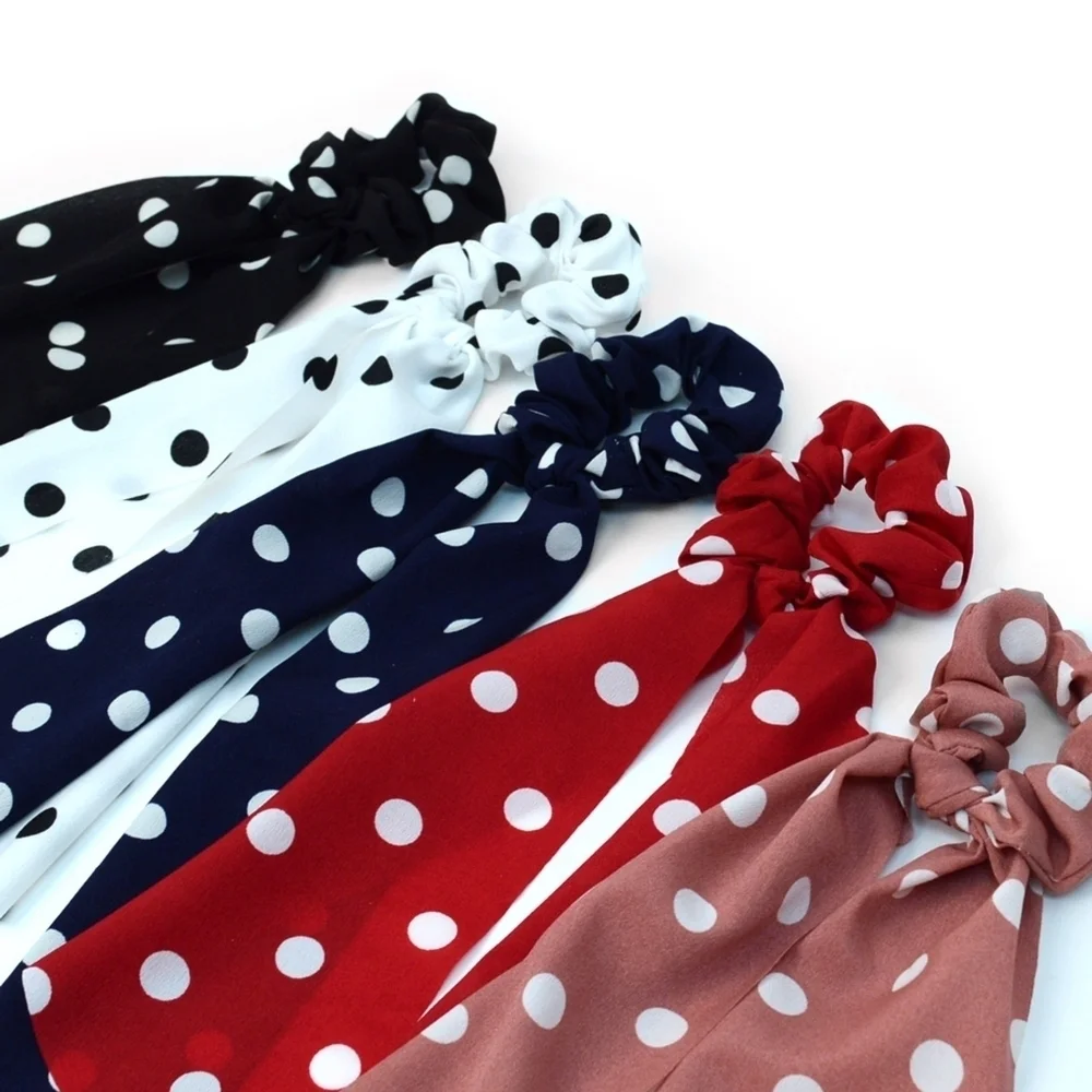 Navy Polka Dot Hair Scarf 6 Ribbon Hair Tie Bundle